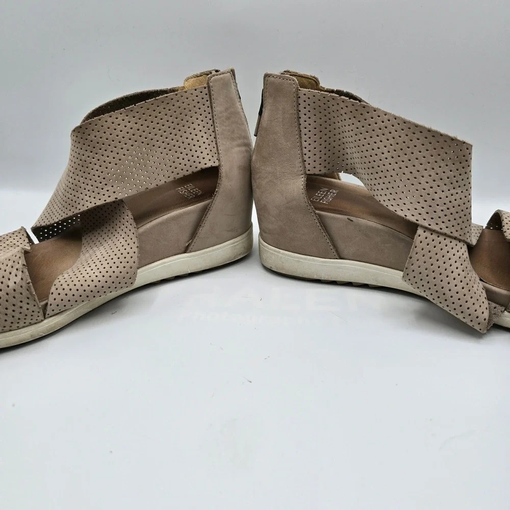 Eileen Fisher Wedge Sandals Perforated Leather‎ Taupe Zip Up Women's Shoes 7